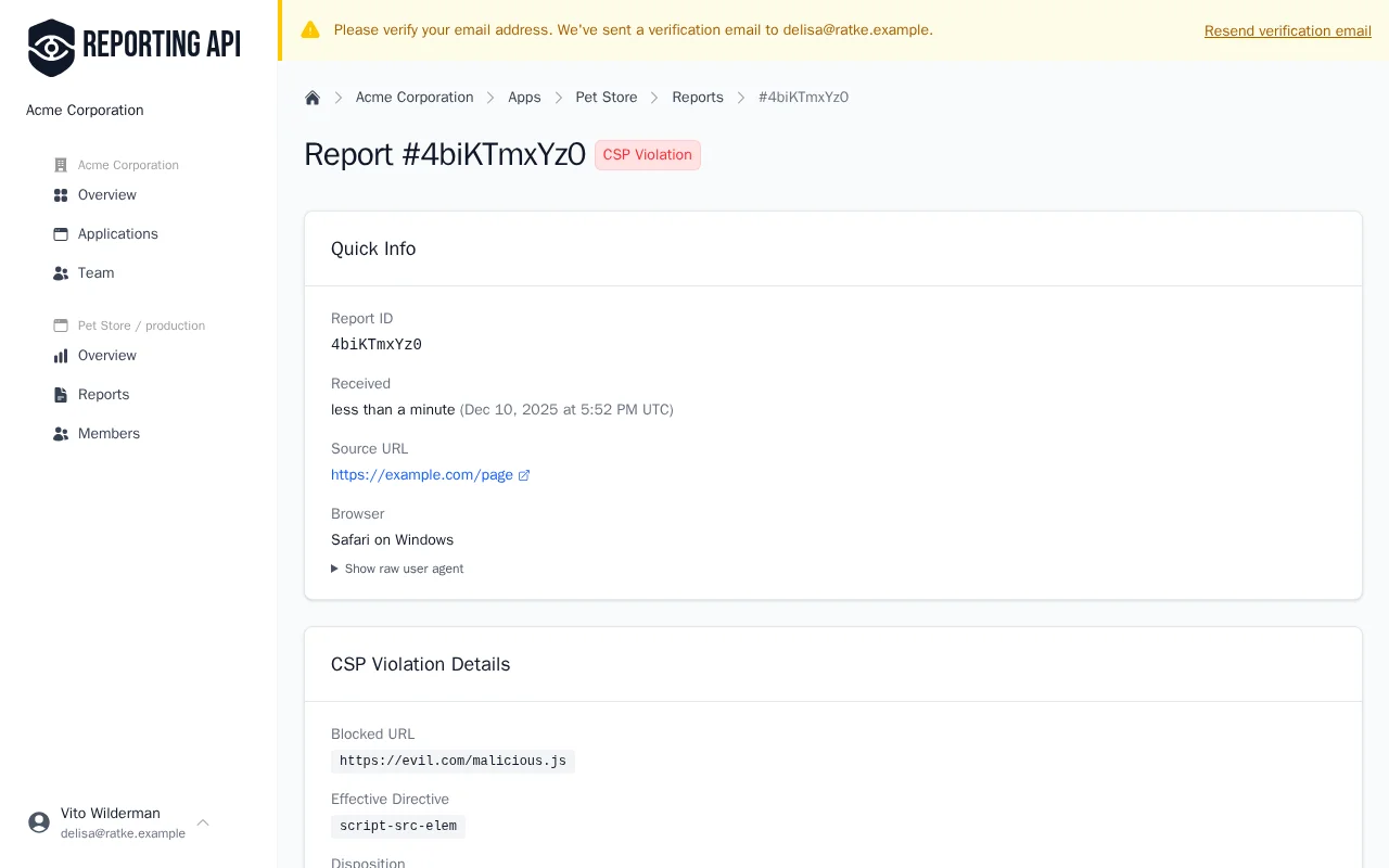 CSP violation report detail view showing blocked URL, directive, and source location
