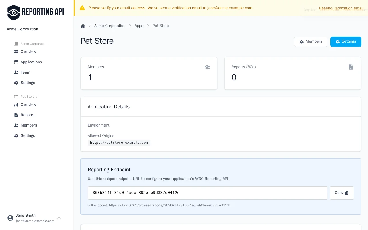 Application dashboard showing the unique reporting endpoint URL