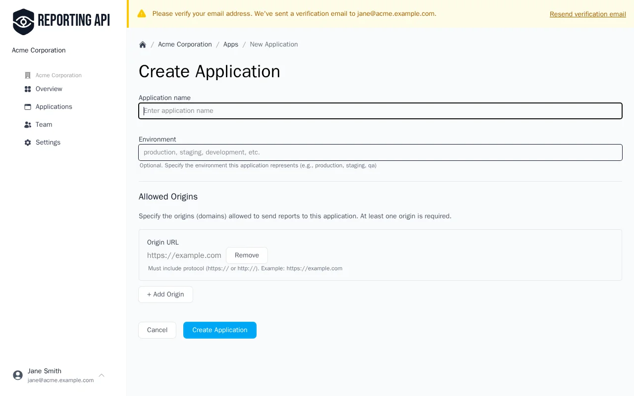New application form with name and allowed origins fields