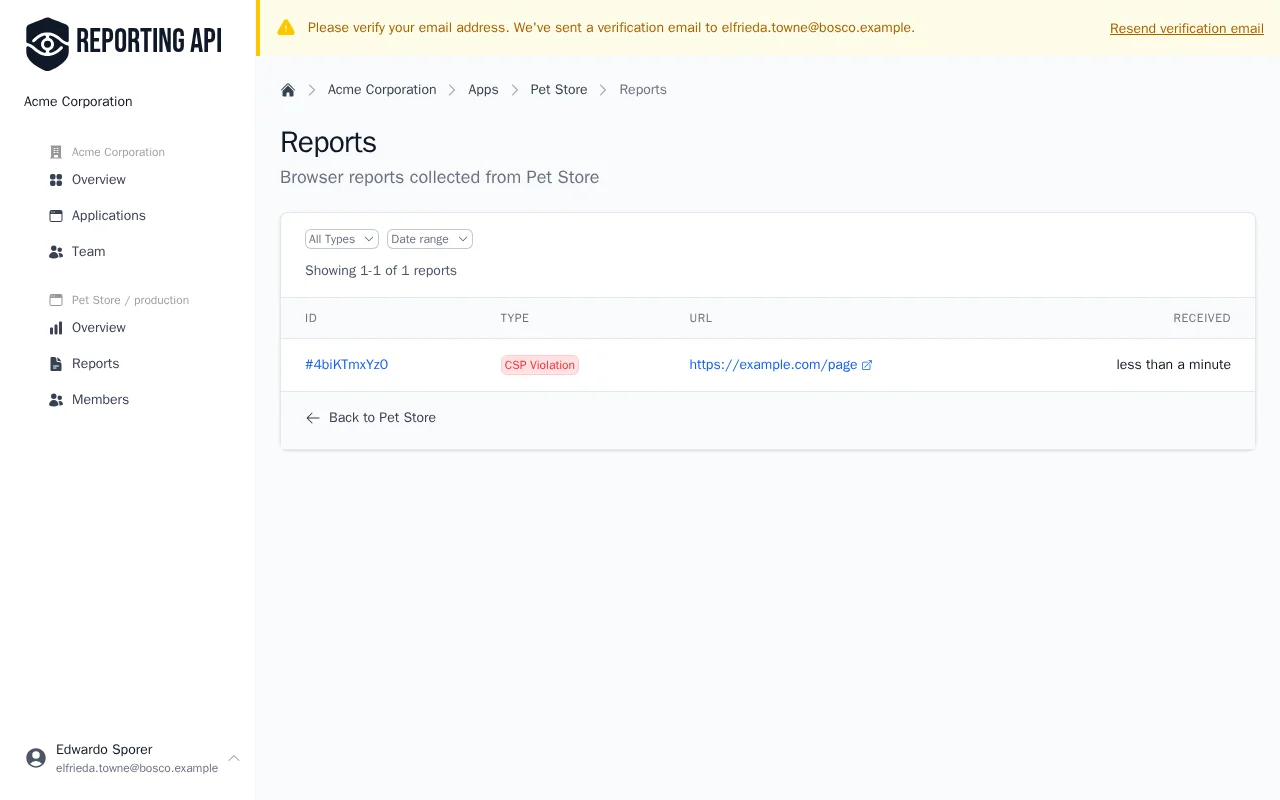 Reports list showing incoming browser reports