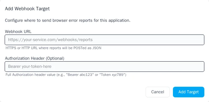 Modal dialog for adding a Webhook integration with URL, Authorization header, and Signing secret fields