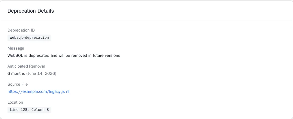 Deprecation report detail view showing deprecation ID, message, anticipated removal date, and source location